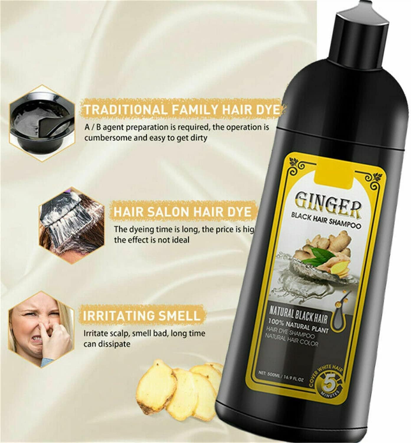 Natural Ginger Coloring Dye Fast Hair Shampoo,Instanty Black Hair Color Matter agent Last 30 days,for Women Men Cover Gray White Hair,Hair Dye Coloring Nourishing Shampoo
