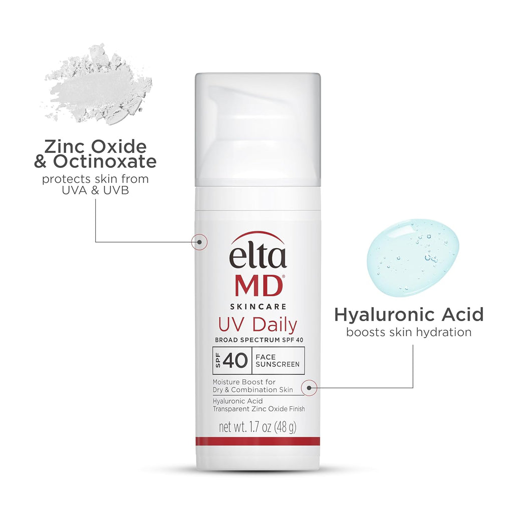 EltaMD UV Daily SPF 40 Face Sunscreen Moisturizer with Zinc Oxide, Daily Face Moisturizer with SPF, Sunscreen, 1.7 oz Pump Sunscreen
