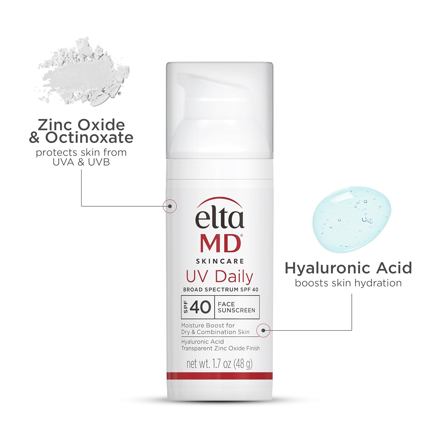EltaMD UV Daily SPF 40 Face Sunscreen Moisturizer with Zinc Oxide, Daily Face Moisturizer with SPF, Sunscreen, 1.7 oz Pump Sunscreen