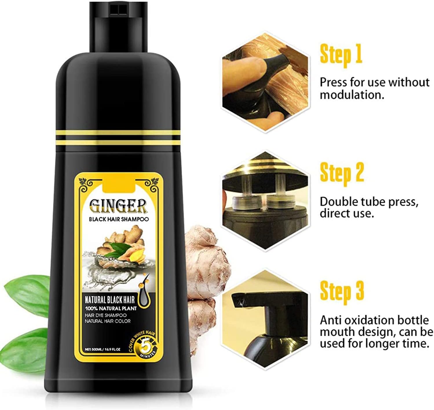 Natural Ginger Coloring Dye Fast Hair Shampoo,Instanty Black Hair Color Matter agent Last 30 days,for Women Men Cover Gray White Hair,Hair Dye Coloring Nourishing Shampoo